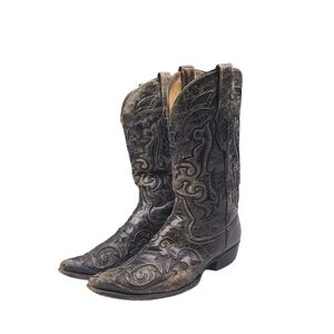 VINTAGE MENS CORRAL COWBOY SNIP TOE LIZARD SKIN BLACK BOOTS SIZE 11 D DISTRESSED